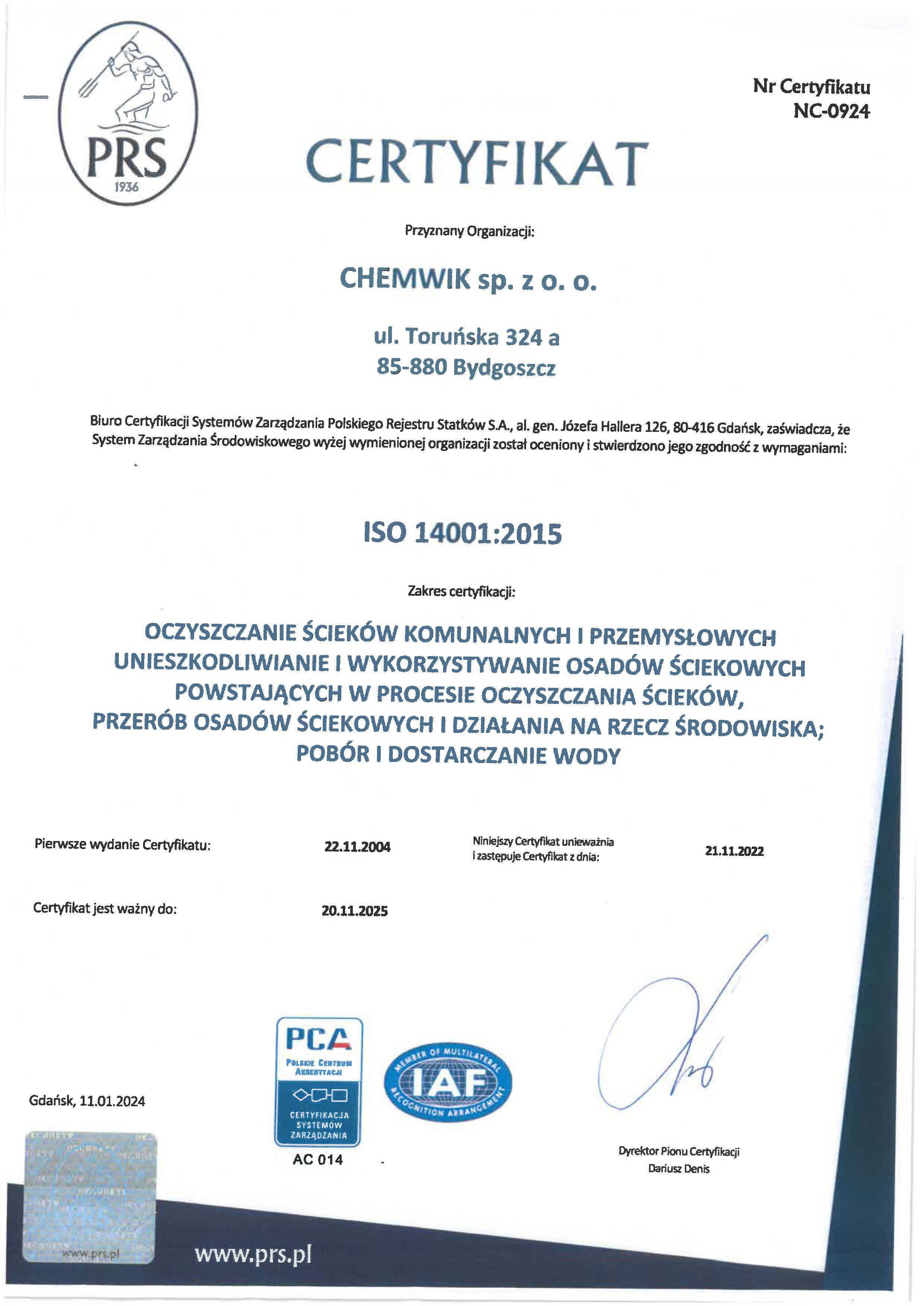 CERTYFIKAT ISO 14001 2015